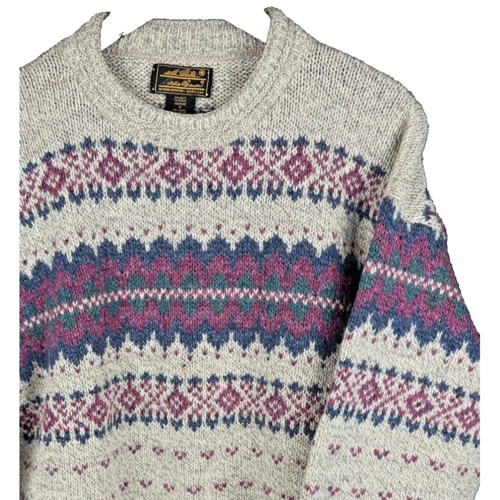 Vintage Eddie Bauer Womens M Wool Blend Fair Isle Knit Sweater Crewneck Gray USA